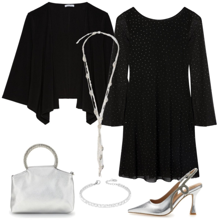 Outfit donna - Serata fuori. Stile Chic per Serata fuori. Abbinamento con vestiti corti, collane, blazer, braccialetti, décolleté, borse a mano.