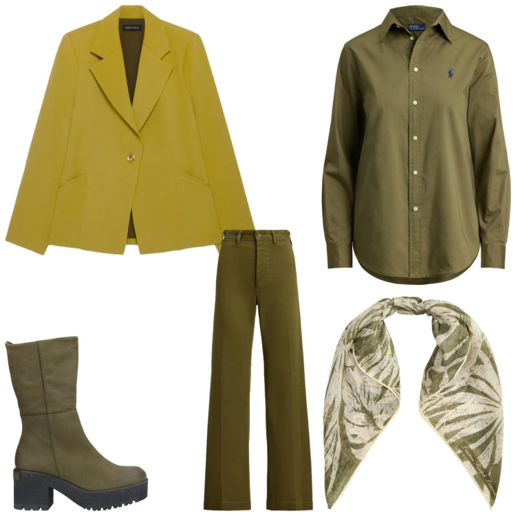 Outfit donna - Verde bosco. Stile Casual chic per Ufficio. Abbinamento con stivaletti, blazer, pantaloni, camicie, foulard.