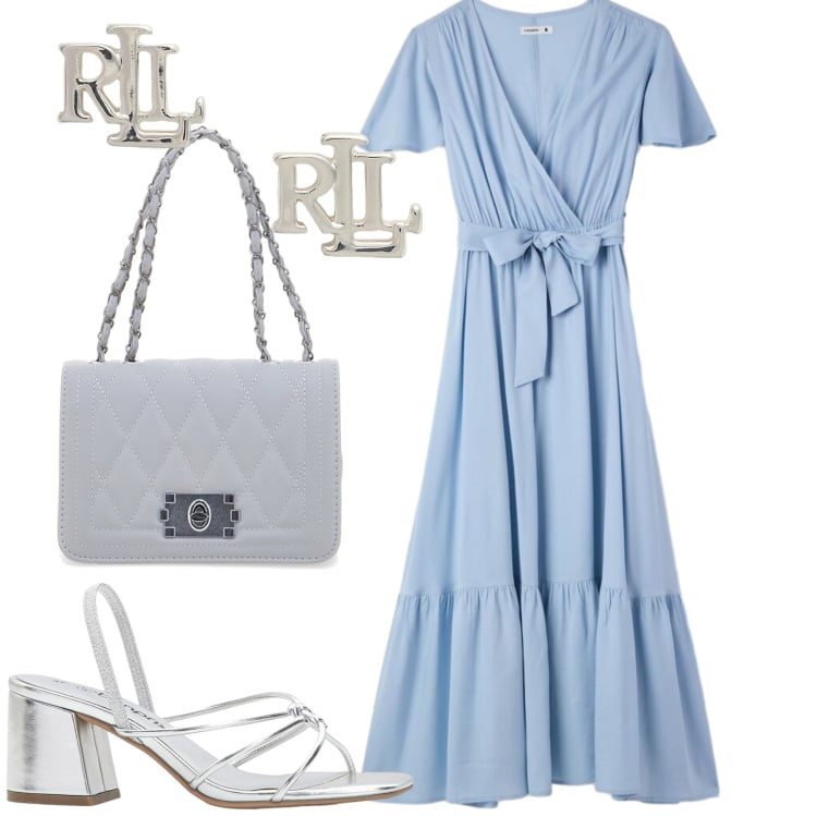 Outfit donna - City. Stile Urban per Tutti i giorni. Abbinamento con sandali col tacco, vestiti lunghi, orecchini, borse a tracolla.