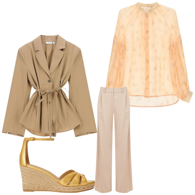 Outfit donna - OroPesca. Stile Casual chic per Serata fuori. Abbinamento con blazer, camicie, pantaloni a palazzo, zeppe.