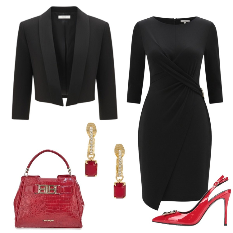 Outfit donna - Serata fuori. Stile Chic per Serata fuori. Abbinamento con décolleté, bolero, vestiti asimmetrici, orecchini, borse a mano.