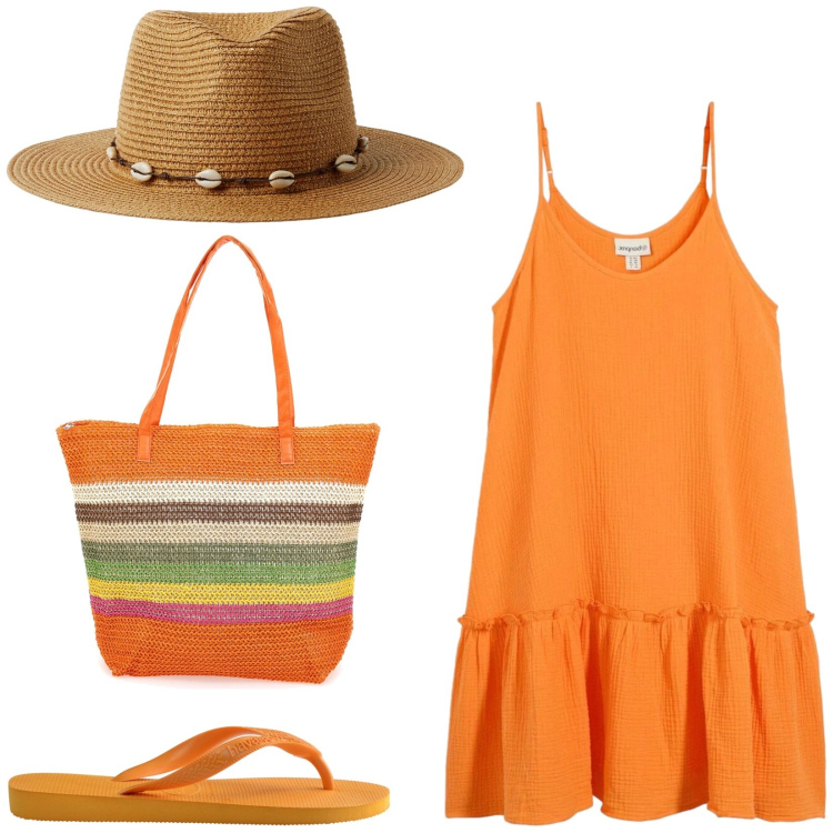 Outfit donna - Total look #2393776. Stile Casual per Mare. Abbinamento con vestiti, cappelli, infradito, shopping bag.
