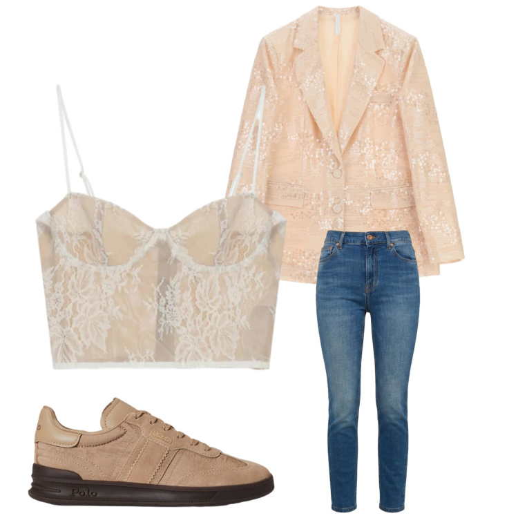 Outfit donna - Pizzo e pesca. Stile Sporty chic per Serata fuori. Abbinamento con jeans, blazer, canottiere, sneakers.