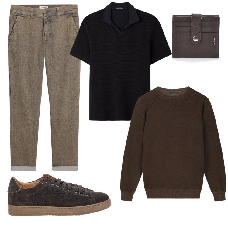 Outfit uomo - 21. Tristezza. Stile Urban per Tutti i giorni. Abbinamento con jeans dritti, polo, portafogli, sneakers, maglieria.