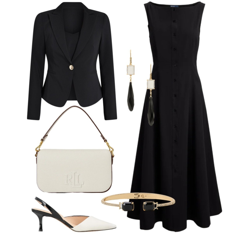 Outfit donna - Serata fuori. Stile Chic per Serata fuori. Abbinamento con décolleté, blazer, orecchini, braccialetti, borse a spalla, vestiti.