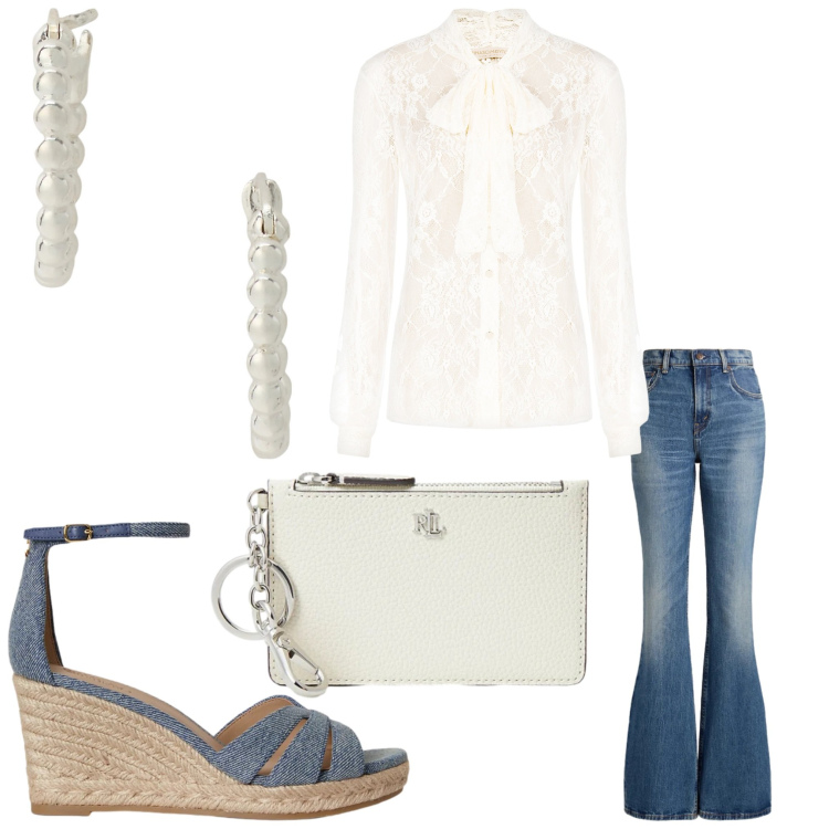 Outfit donna - Jeans and chic. Stile Chic per Serata fuori. Abbinamento con camicie, orecchini, zeppe, portafogli, jeans.