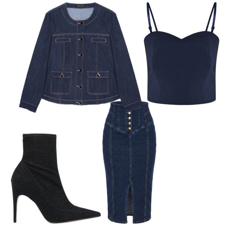 Outfit donna - Serata jeans. Stile Chic per Serata fuori. Abbinamento con stivaletti, blazer, top, gonne longuette.