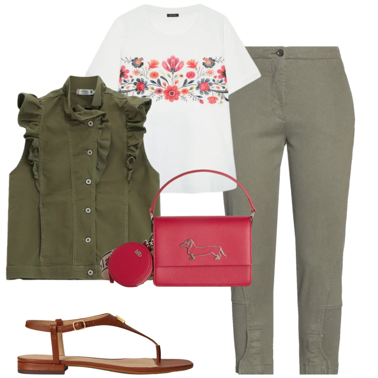 Outfit donna - Maggio. Stile Casual chic per Tutti i giorni. Abbinamento con jeans slim fit, t-shirt, borse a tracolla, gilet, sandali in pelle.