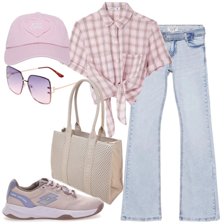 Outfit donna - City. Stile Casual per Tutti i giorni. Abbinamento con occhiali da sole, cappelli, jeans a zampa, camicie a manica corta, sneakers, borse a spalla.