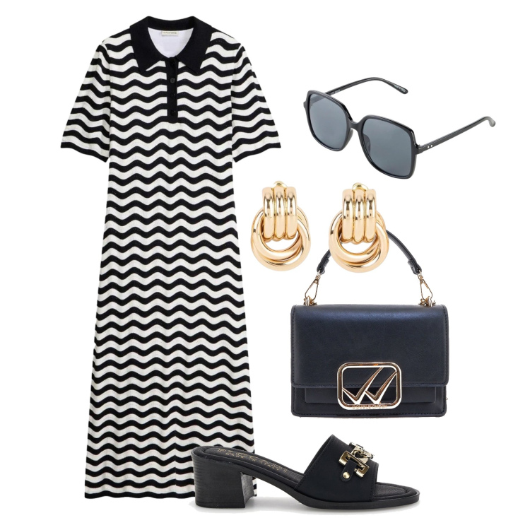 Outfit donna - L’abito midi in ufficio. Stile Glamour per Ufficio. Abbinamento con vestiti, orecchini, occhiali da sole, borse a tracolla, sandali col tacco.