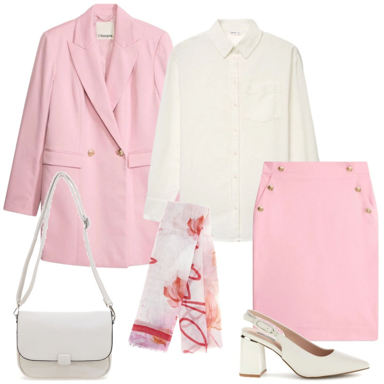 Outfit donna - Il tailleur rosa. Stile Chic per Ufficio. Abbinamento con blazer, gonne, camicie, borse a tracolla, foulard, décolleté.
