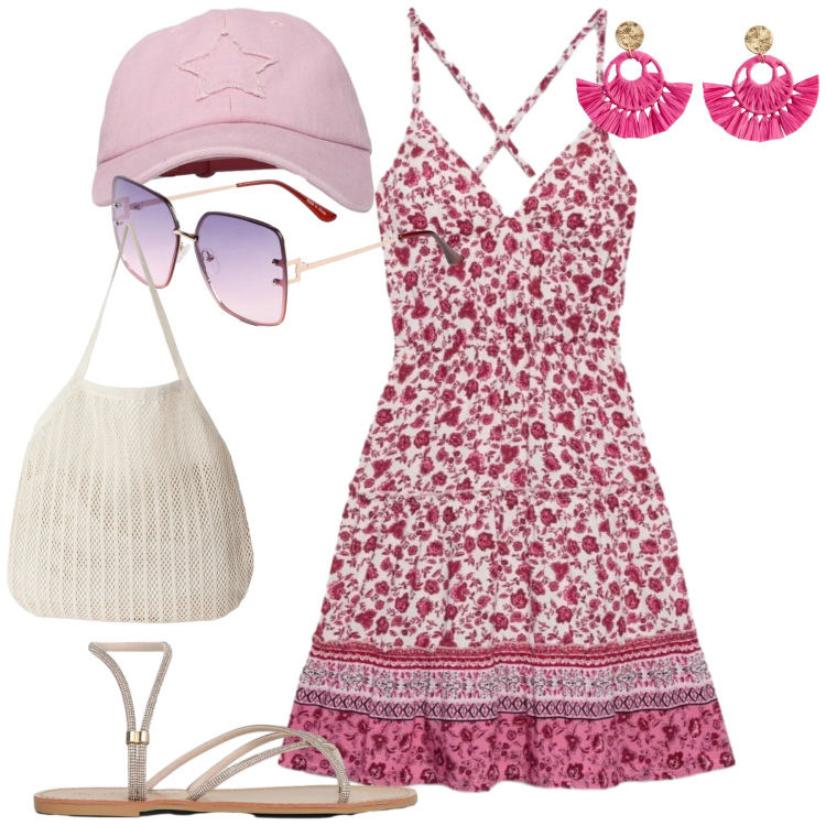 Outfit donna - Summer. Stile Casual chic per Tutti i giorni. Abbinamento con orecchini, occhiali da sole, cappelli con visiera, sandali, vestiti corti, shopping bag.