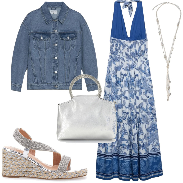 Outfit donna - Maggio. Stile Casual chic per Tutti i giorni. Abbinamento con cappotti, vestiti lunghi, collane, sandali, borse a mano.