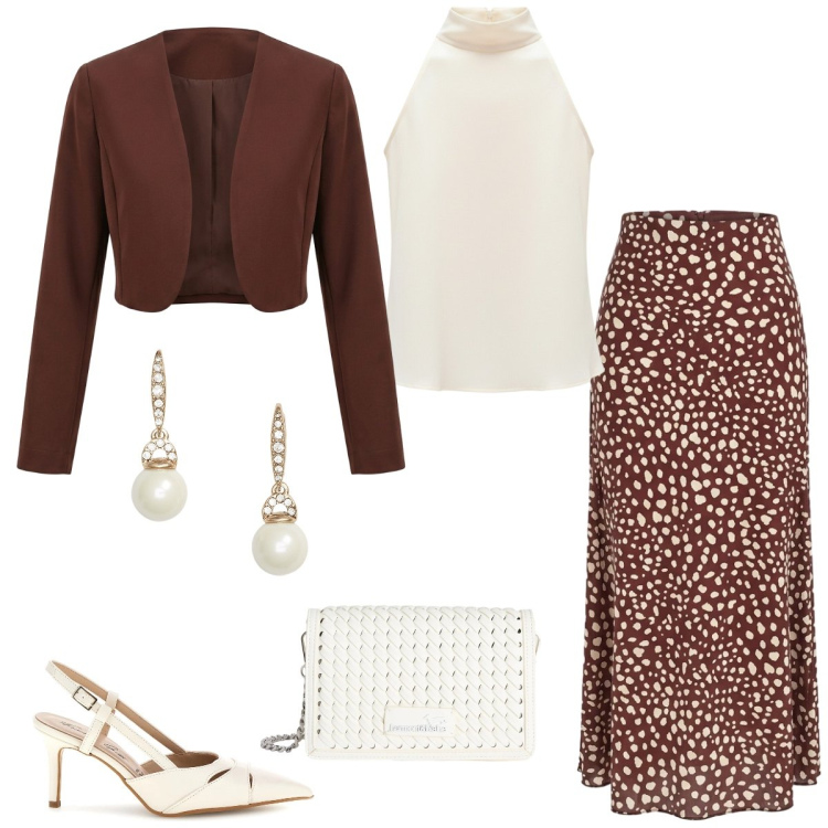 Outfit donna - Cerimonia. Stile Chic per Cerimonia. Abbinamento con borse a tracolla, gonne lunghe, canottiere, bolero, orecchini, décolleté.