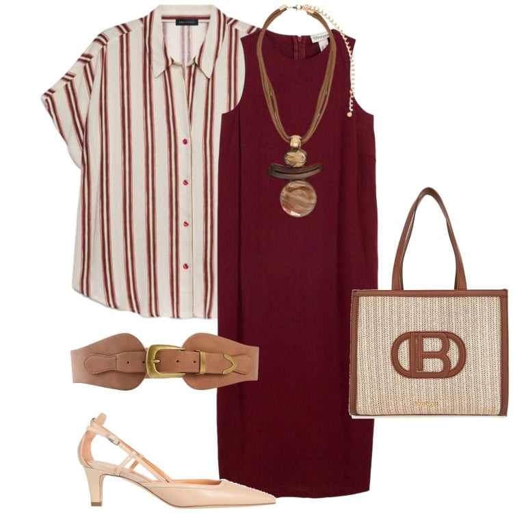 Outfit donna - Total look #2393806. Stile Chic per Ufficio. Abbinamento con décolleté, vestiti midi/longuette, cinture, ciondoli, camicie a manica corta, borse a spalla.