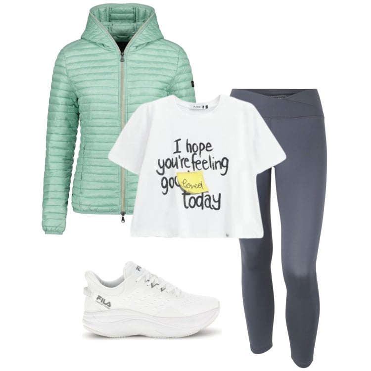 Outfit donna - Total look #2393808. Stile Urban per Tutti i giorni. Abbinamento con t-shirt, piumini, leggings, sneakers.
