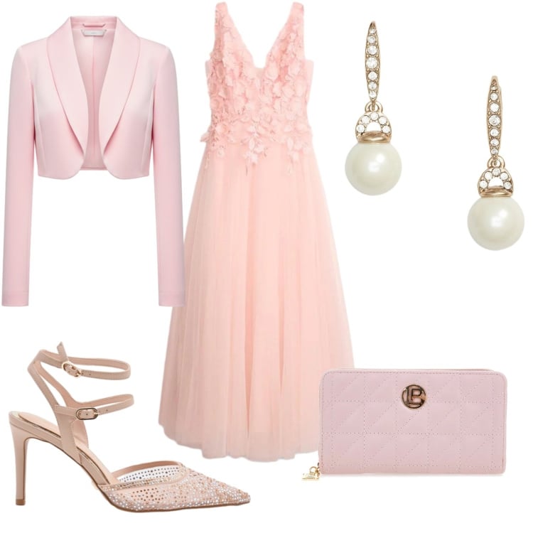 Outfit donna - Matrimonio a Maggio. Stile Glamour per Cerimonia. Abbinamento con vestiti lunghi, décolleté, bolero, orecchini, portafogli.