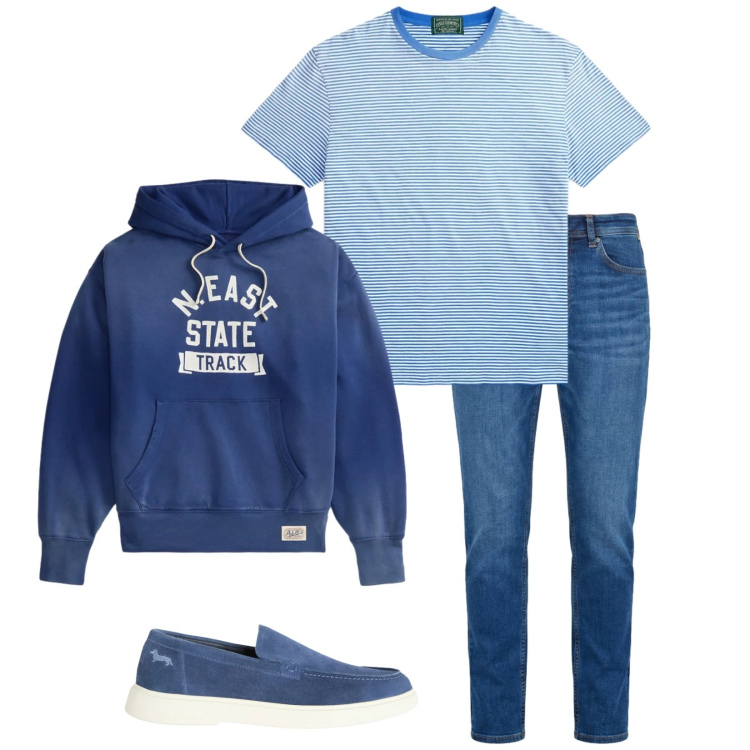 Outfit uomo - Total look #2393819. Stile Casual per Tutti i giorni. Abbinamento con scarpe stringate, jeans, t-shirt, felpe con cappuccio.