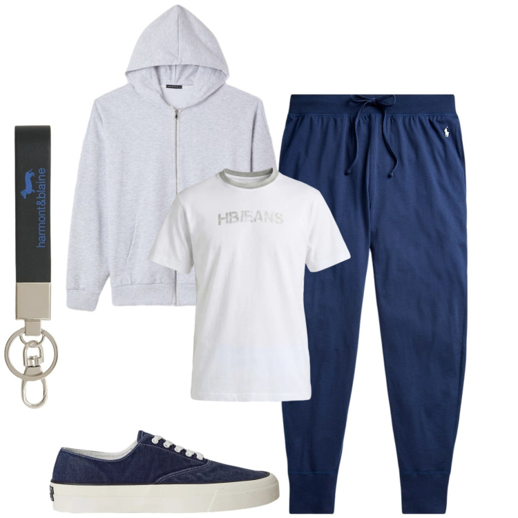 Outfit uomo - Total look #2393820. Stile Urban per Tutti i giorni. Abbinamento con felpe con cappuccio, portachiavi, t-shirt, pantaloni, sneakers.