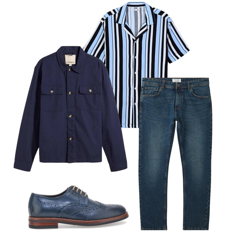 Outfit uomo - Total look #2393821. Stile Trendy per Serata speciale. Abbinamento con giacche, jeans, camicie a manica corta, scarpe stringate.