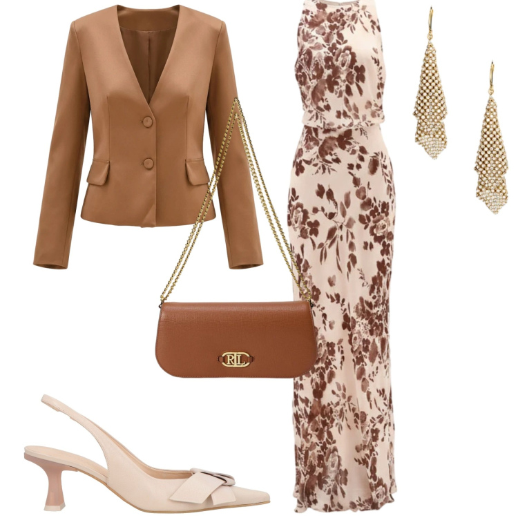 Outfit donna - Chic. Stile Chic per Serata fuori. Abbinamento con décolleté, vestiti lunghi, blazer, orecchini, borse a spalla.