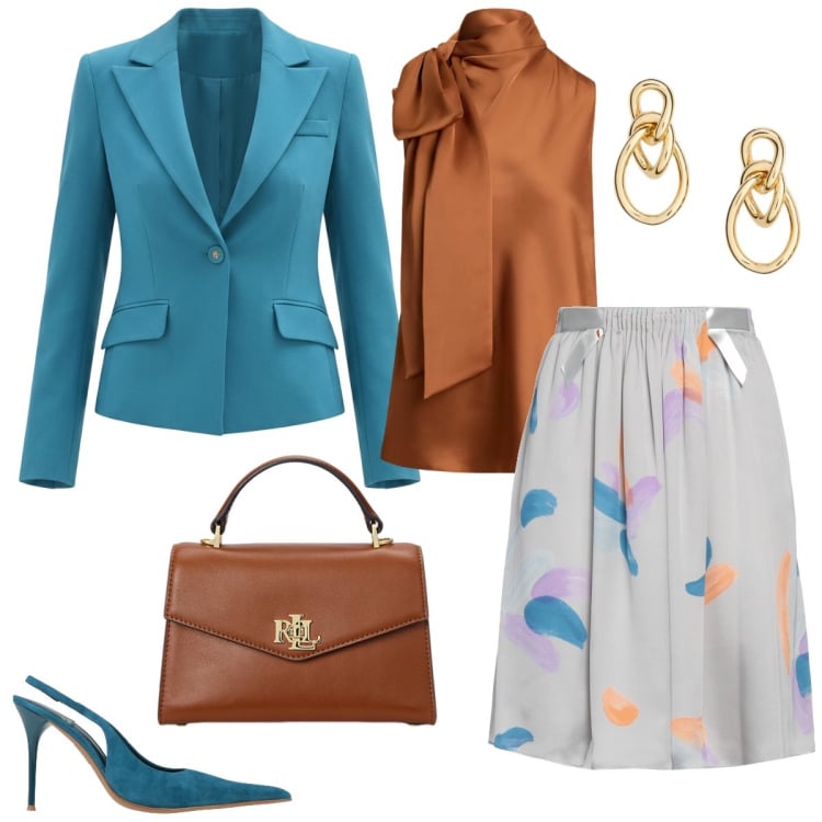 Outfit donna - Pranzo formale. Stile Chic per Tutti i giorni. Abbinamento con minigonne, décolleté, blazer, borse a mano, orecchini, bluse.