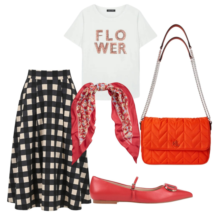Outfit donna - Il ritorno delle ballerine. Stile Urban per Scuola/Università. Abbinamento con ballerine, t-shirt, gonne longuette, borse a tracolla, foulard.