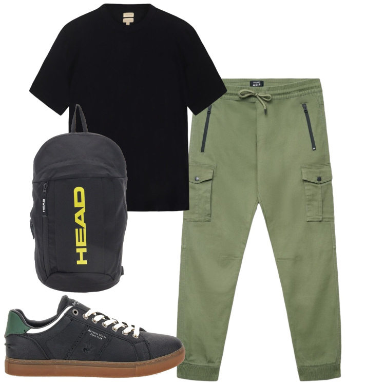 Outfit uomo - Total look #2393828. Stile Casual per Tutti i giorni. Abbinamento con pantaloni cargo, zaini, sneakers, t-shirt.