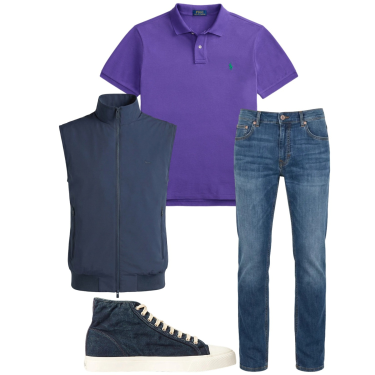 Outfit uomo - Total look #2393830. Stile Trendy per Tutti i giorni. Abbinamento con jeans, gilet, sneakers, polo.