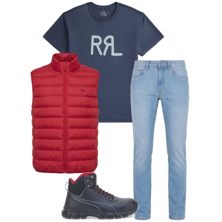 Outfit uomo - Total look #2393834. Stile Trendy per Tutti i giorni. Abbinamento con piumini, jeans, t-shirt, stivali e stivaletti.