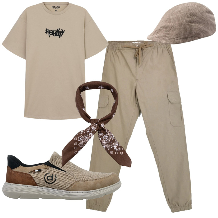 Outfit uomo - Total look #2393839. Stile Casual per Tutti i giorni. Abbinamento con t-shirt, cappelli e berretti, sciarpe e foulard, scarpe stringate, pantaloni cargo.