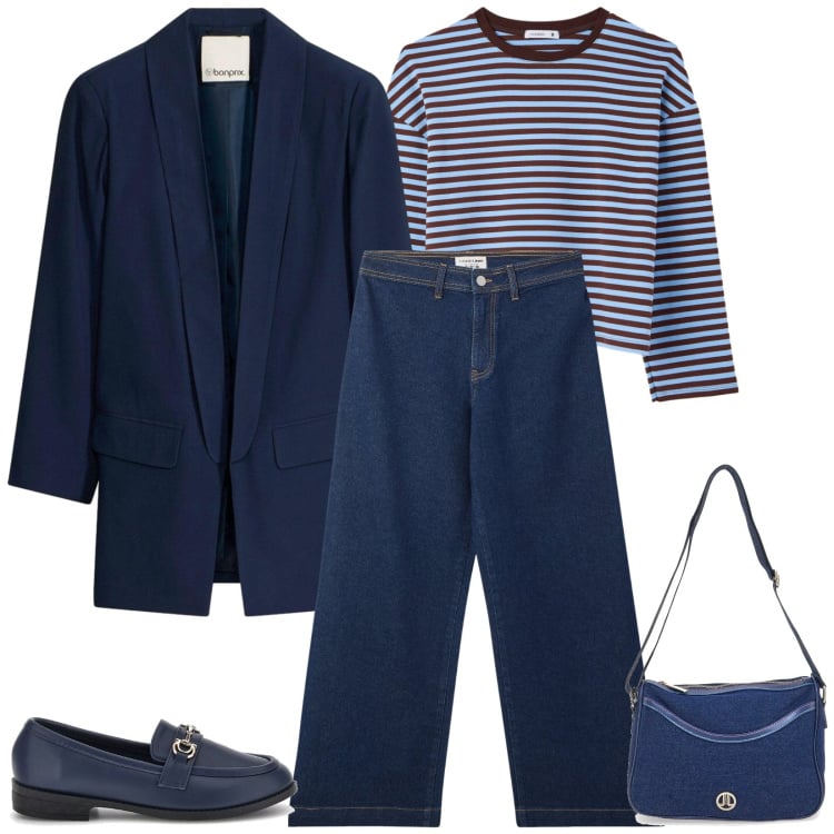 Outfit donna - Total look #2393844. Stile Casual chic per Tutti i giorni. Abbinamento con blazer, jeans, t-shirt, borse a tracolla, mocassini.