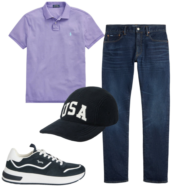 Outfit uomo - Total look #2393845. Stile Casual per Tutti i giorni. Abbinamento con sneakers, polo, jeans, cappelli con visiera.
