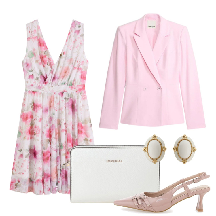 Outfit donna - Delicatamente floreale. Stile Bon Ton per Cerimonia. Abbinamento con vestiti, blazer, borse a tracolla, orecchini, décolleté.