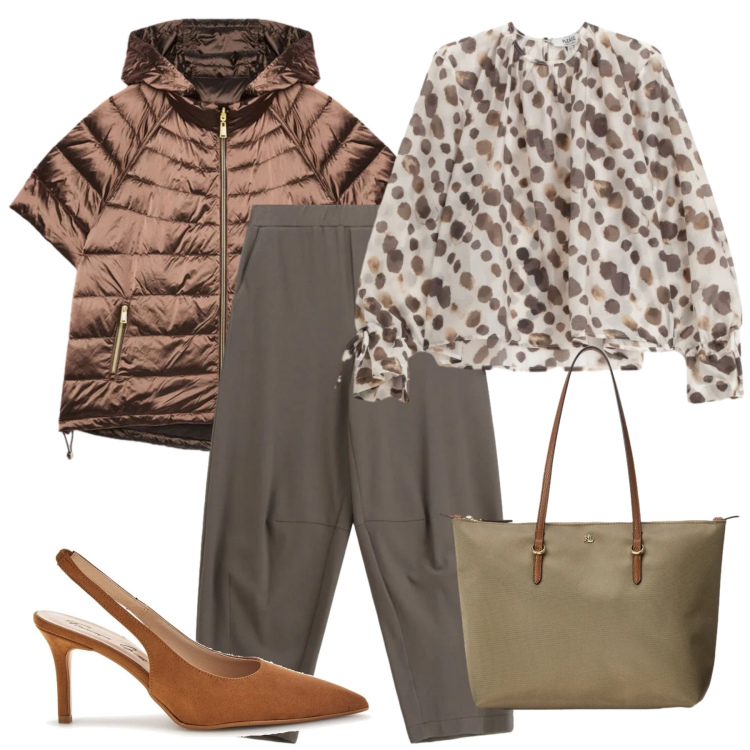 Outfit donna - Colori naturali. Stile Casual chic per Ufficio. Abbinamento con bluse, pantaloni a palazzo, piumini, borse tote, décolleté.