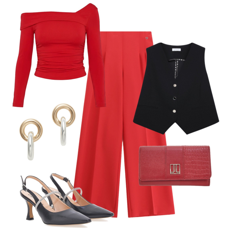 Outfit donna - Cena con gli amici. Stile Casual chic per Serata fuori. Abbinamento con gilet, pantaloni a palazzo, t-shirt, orecchini, décolleté, portafogli.
