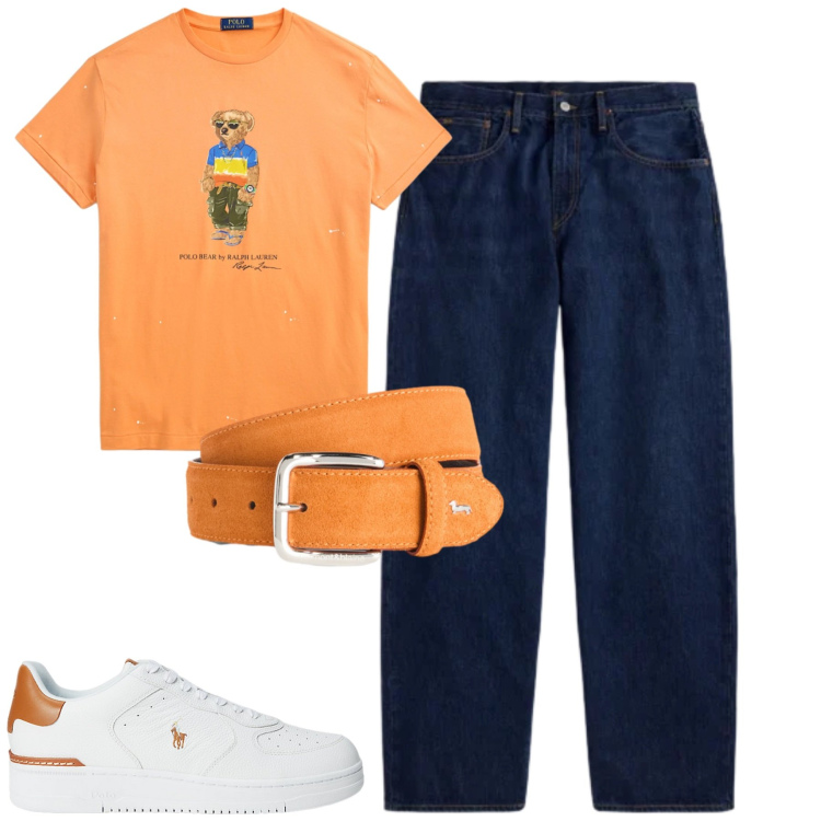 Outfit uomo - Maggio. Stile Casual per Tutti i giorni. Abbinamento con cinture, sneakers, jeans, t-shirt.
