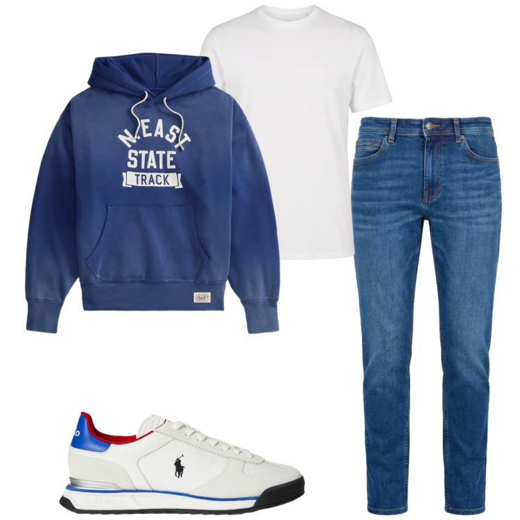 Outfit uomo - Total look #2393855. Stile Casual per Tutti i giorni. Abbinamento con t-shirt, jeans, sneakers, felpe con cappuccio.