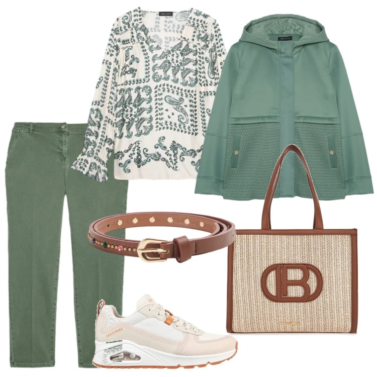 Outfit donna - Weekend. Stile Casual per Tutti i giorni. Abbinamento con cinture, blazer, pantaloni chino, bluse, sneakers alte, borse a spalla.