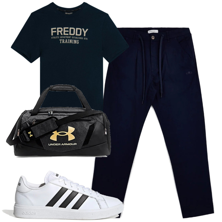 Outfit uomo - Total look #2393861. Stile Casual per Sport. Abbinamento con t-shirt, borse sportive, sneakers, pantaloni.