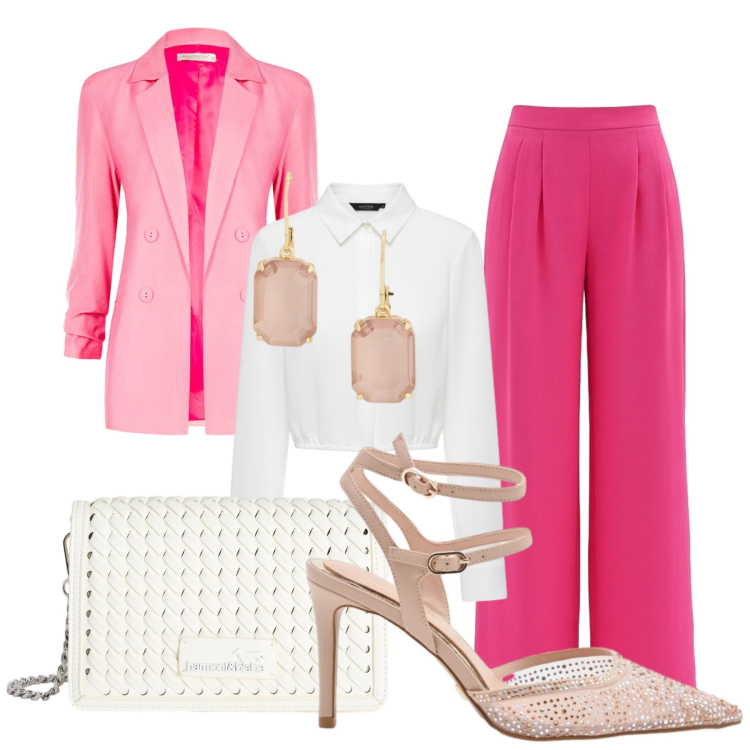 Outfit donna - Freestyle. Stile Chic per Serata fuori. Abbinamento con borse a tracolla, décolleté, blazer, camicie, pantaloni a palazzo, orecchini.