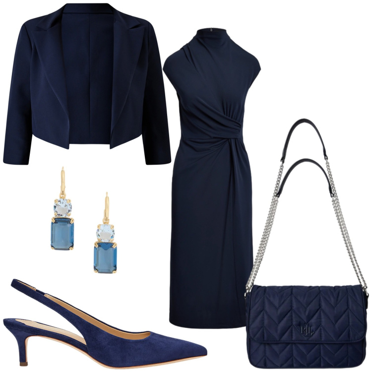 Outfit donna - In blu cerimonia. Stile Chic per Cerimonia. Abbinamento con bolero, décolleté, vestiti a tubino, borse a tracolla, orecchini.