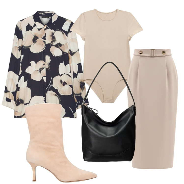 Outfit donna - Total look #2393869. Stile Chic per Ufficio. Abbinamento con stivaletti, gonne longuette, camicie, body, borse a secchiello.