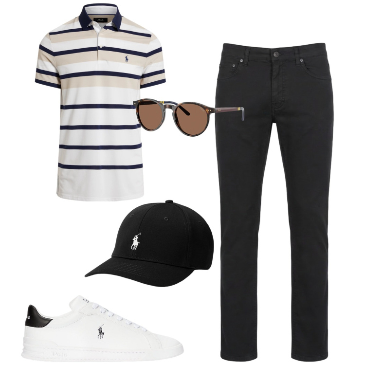 Outfit uomo - Maggio. Stile Urban per Tutti i giorni. Abbinamento con pantaloni, cappelli, occhiali da sole, polo, sneakers.