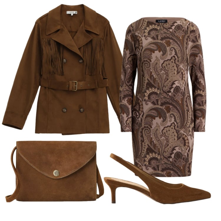 Outfit donna - Total look #2393877. Stile Etnico per Ufficio. Abbinamento con trench, borse a tracolla, vestiti, décolleté.