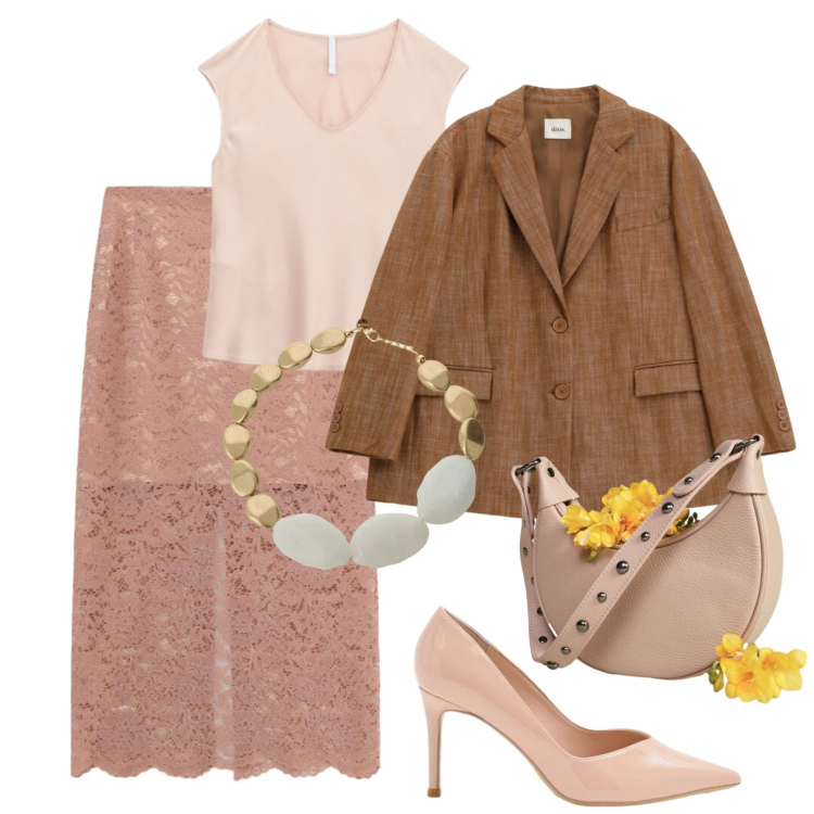 Outfit donna - Peach blush. Stile Chic per Cerimonia. Abbinamento con gonne longuette, canottiere, décolleté, borse a spalla, collane, blazer.