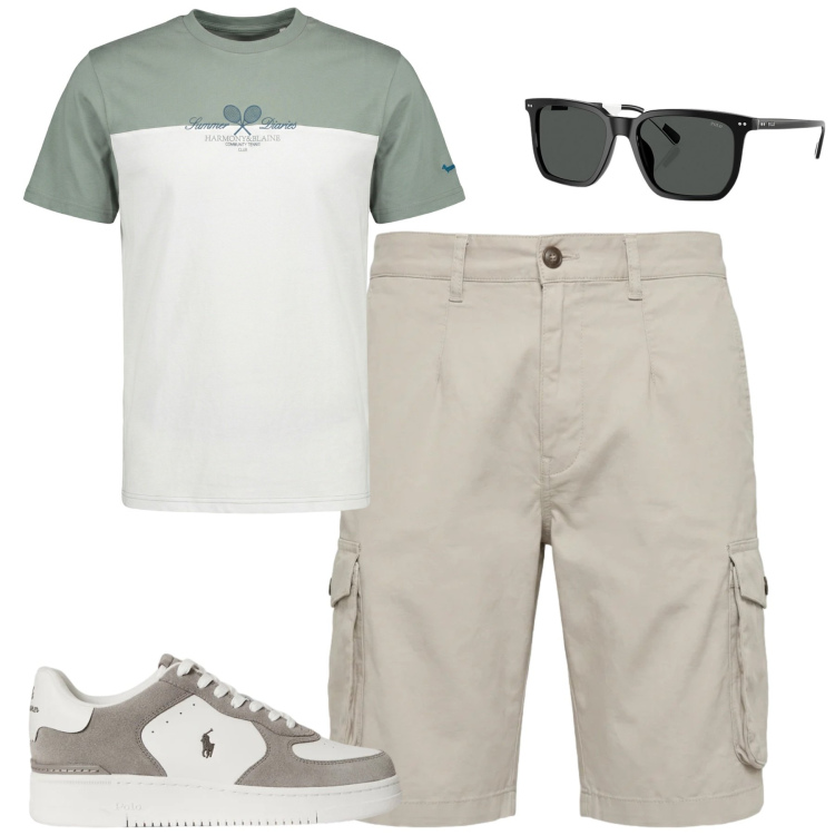 Outfit uomo - Total look #2393881. Stile Casual per Tutti i giorni. Abbinamento con t-shirt, bermuda, occhiali da sole, sneakers.