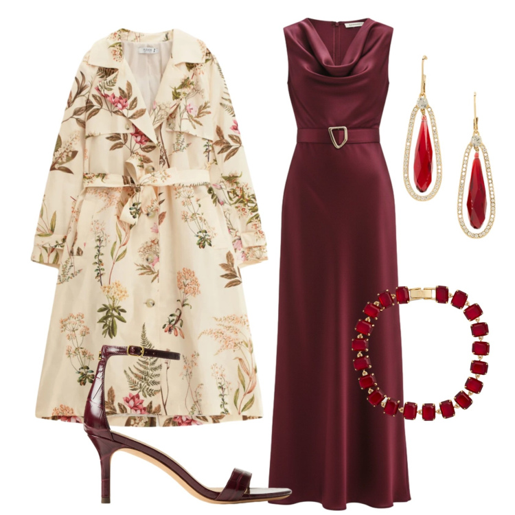 Outfit donna - Total look #2393883. Stile Glamour per Cerimonia. Abbinamento con trench, vestiti lunghi, sandali in pelle, braccialetti, orecchini.