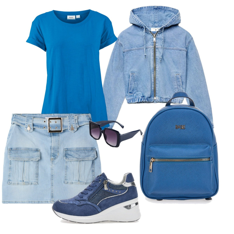 Outfit donna - Denim, che passione. Stile Urban per Scuola/Università. Abbinamento con t-shirt, occhiali da sole, minigonne, bomber, zaini, sneakers alte.