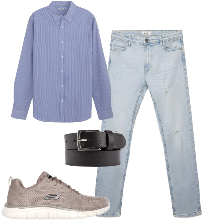 Outfit uomo - Maggio. Stile Casual per Tutti i giorni. Abbinamento con camicie, jeans strappati, cinture, sneakers.